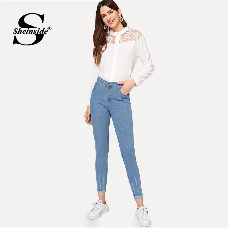 Sheinside, синие, рваные, свернутые, обтягивающие джинсы для женщин, весна, высокая талия, пуговицы, тянущиеся, зауженные джинсы, повседневные, одноцветные, джинсовые штаны