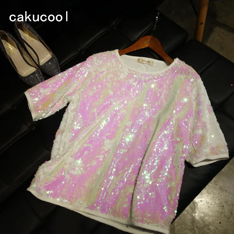 Cakucool Горячее предложение Роскошные футболка с короткими рукавами летнее кружевное платье с блестками блестящие свободные пуловеры, футболки пикантные Повседневное свободная футболка леди