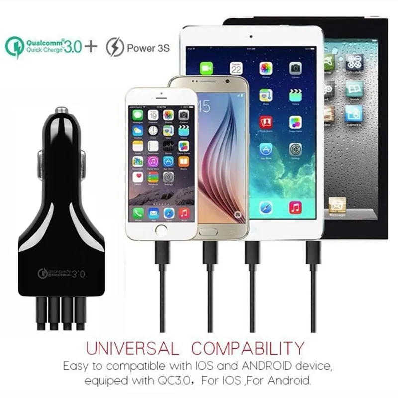 Qualcomm Сертифицированный QC3.0 Быстрая зарядка 4 портовый USB Автомобильное зарядное