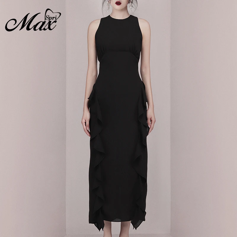 Женское вечернее платье макси Max Spri черное облегающее Сетчатое без рукавов с