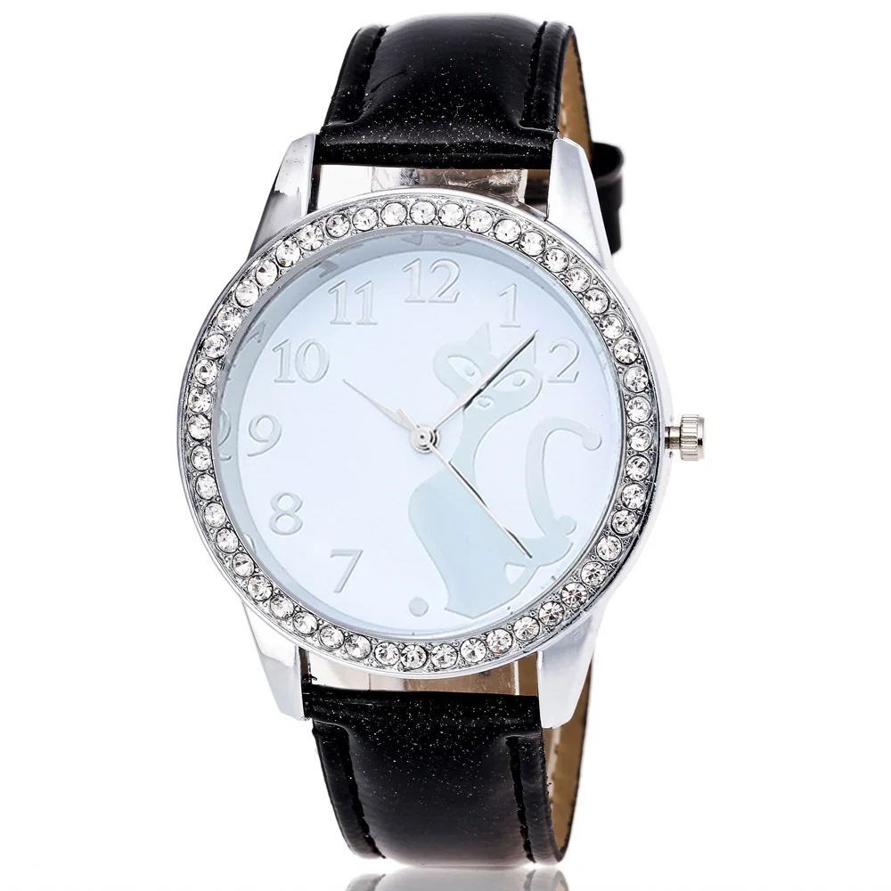 Повседневное модные женские часы кристалл Кот Разноцветный дополнительно