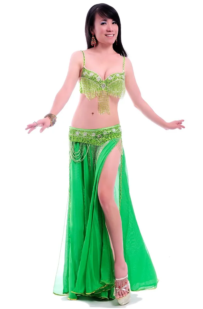 Сексуальный костюм для танца живота Профессиональный Bellydance платье одежда 2 щелевая Расширенная полная юбка представление костюм: бюстгальтер и пояс и юбка
