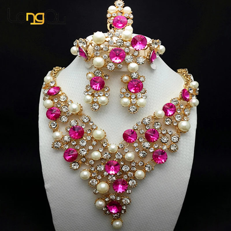 

LQ Clearance Nigerian Wedding Pink Crystal Stones African Beads Jewelry Set for Women Elegant Dubai Necklace Earring set