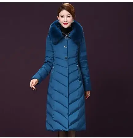 Blue Женское зимнее теплое пальто с капюшоном, высококачественное пальто с воротником из лисьего меха для мамы, тонкая Длинная Верхняя одежда, большой размер, повседневный пуховик для женщин 5XL - Цвет: Blue