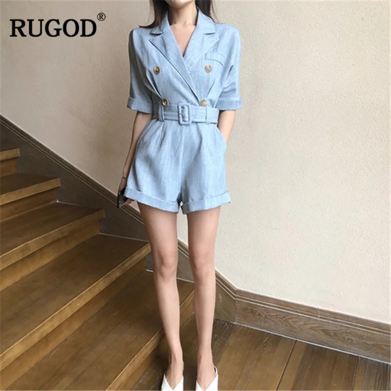 Женский джинсовый костюм с короткими рукавами RUGOD Облегающий комбинезон поясом и