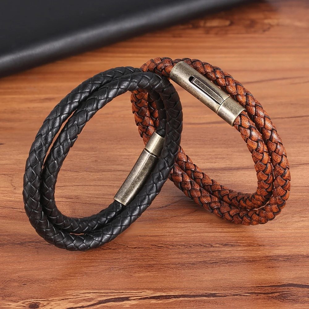 TYO Vintage Stainless Steel Easy-hook Clasp Taupe Brown Wrap Bracelets for Women Authentic Leather Pulseira Masculina 19/21/23CM | Украшения