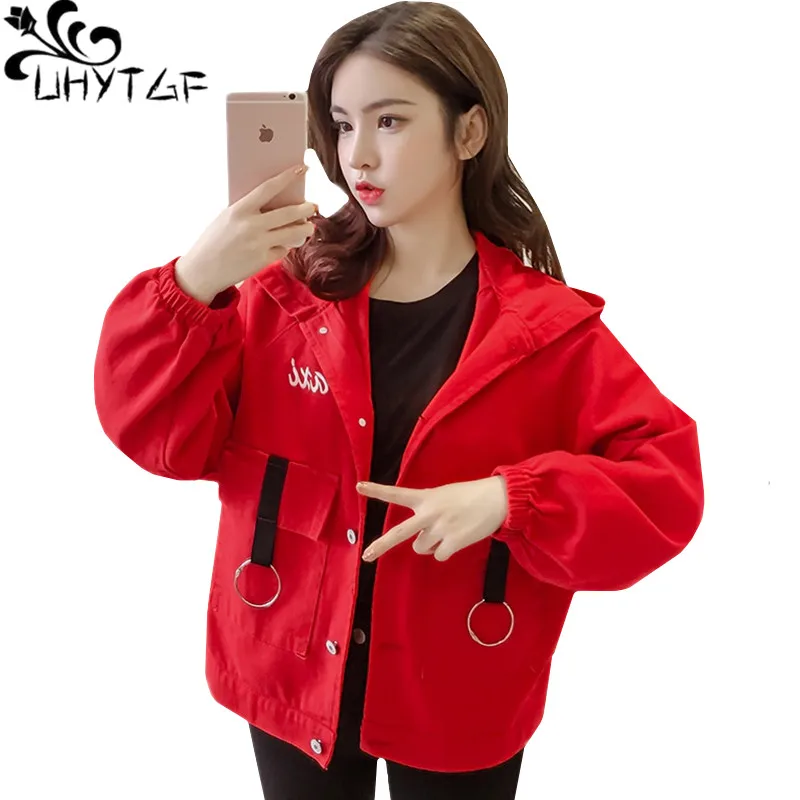 

UHYTGF Womens jackets Fashion hooded spring autumn denim jacket Loose plus size outerwear female Student short jeans jacket 128