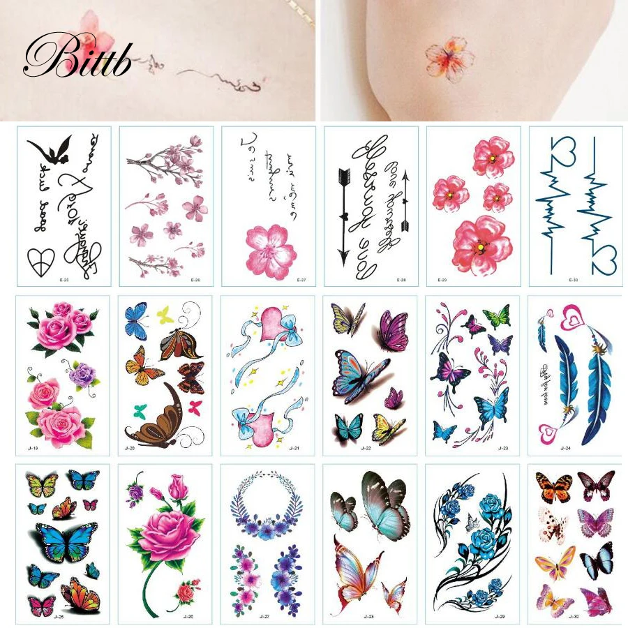 30 шт. наклейки на временную татуировку цветок роза Бабочка буквы