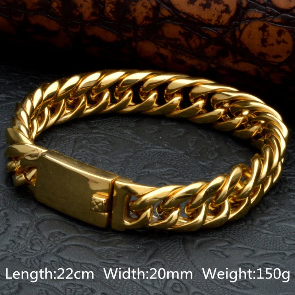 

20mm Wide Cool Heavy Biker Jewelry 316L Stainless Steel Gold Tone Miami Cuban Curb Chain Men's Male Bracelet Bangle 8.66" Hot