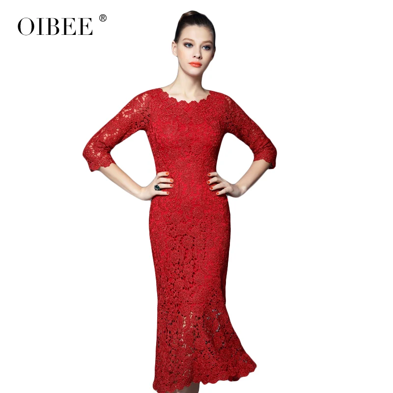 OIBEE2019 кружевное элегантное Для женщин О-образным вырезом Половина рукава крючком по колено платье русалки вечерние торжественное платье