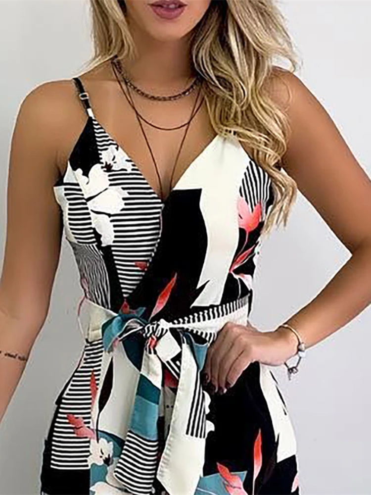Women Summer Elegant V-Neck Sleeveless Open Back Brief Casual Jumpsuit Spaghetti Strap Mixed Print Wide Leg | Женская одежда