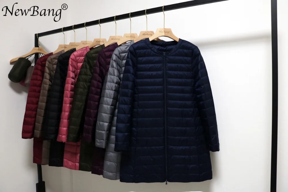 NewBang 4XL женский ультра легкий пуховик средней длины с круглым вырезом, переносные весенние пальто, зимняя внутренняя одежда на молнии