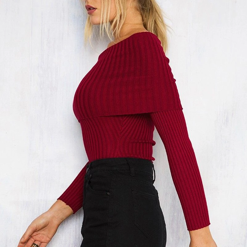Women Sexy Off Shoulder Knitted Sweater Autumn Slim Sweaters and Pullovers Jumper Pull Femme Pink Black | Женская одежда