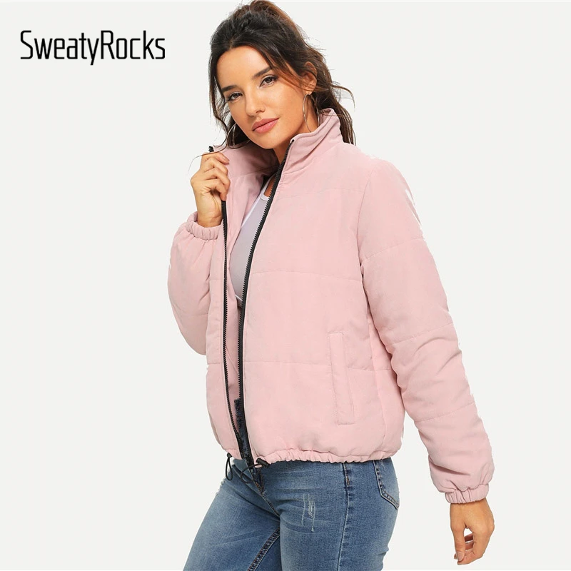SweatyRocks, розовая куртка на молнии спереди с высоким воротником, толстая женская зимняя куртка, с плетеным низом, новинка, повседневные куртки и топы