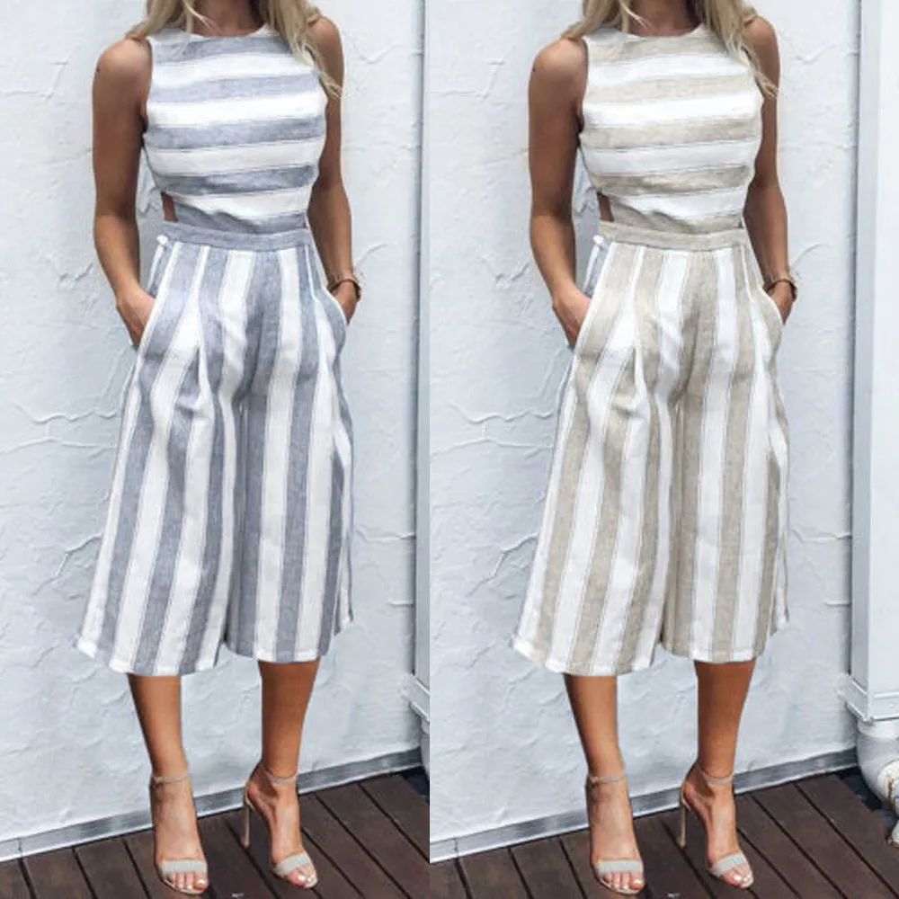 Женский полосатый комбинезон без рукавов повседневные свободные брюки модный