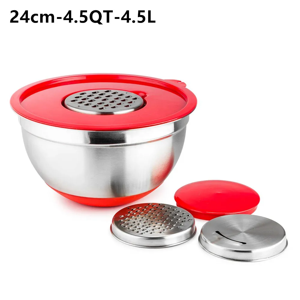 24cm-4.5QT-4.5L Смешивание миски из нержавеющей стали Нескользящие DIY торт хлеб салат миксер кухонный инструмент для выпечки и готовки с крышкой Терка пищевой контейнер - Цвет: 24cm-4.5QT-4.5L