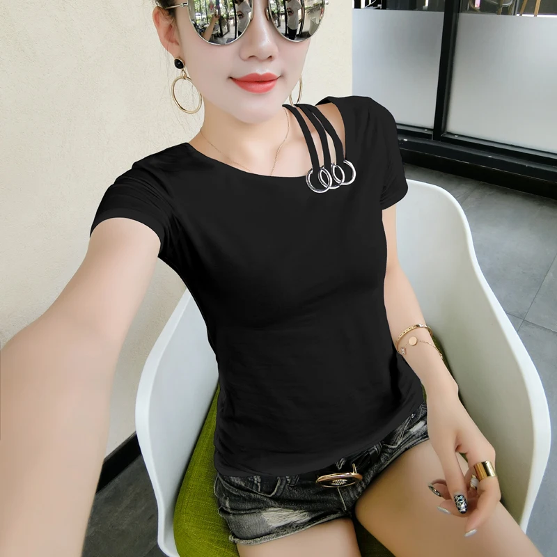 Black tshirt Корейская Модальная хлопковая неравномерная футболка с открытыми плечами Летняя женская футболка с коротким рукавом черная белая T96706 - Цвет: Black tshirt