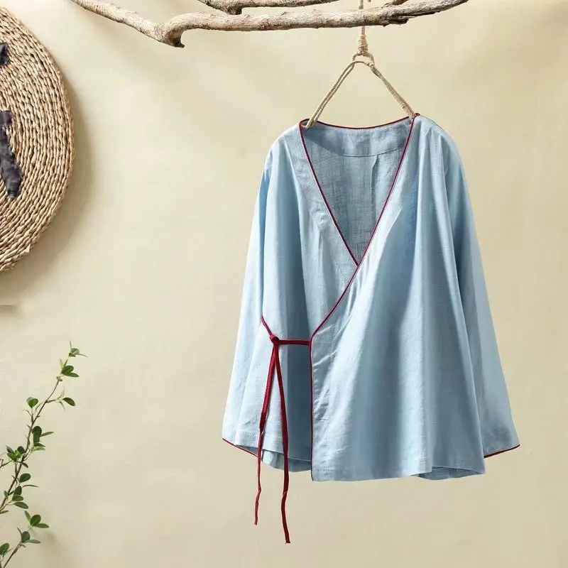 Женская осенне Весенняя Этническая блуза с v образным вырезом розового белого