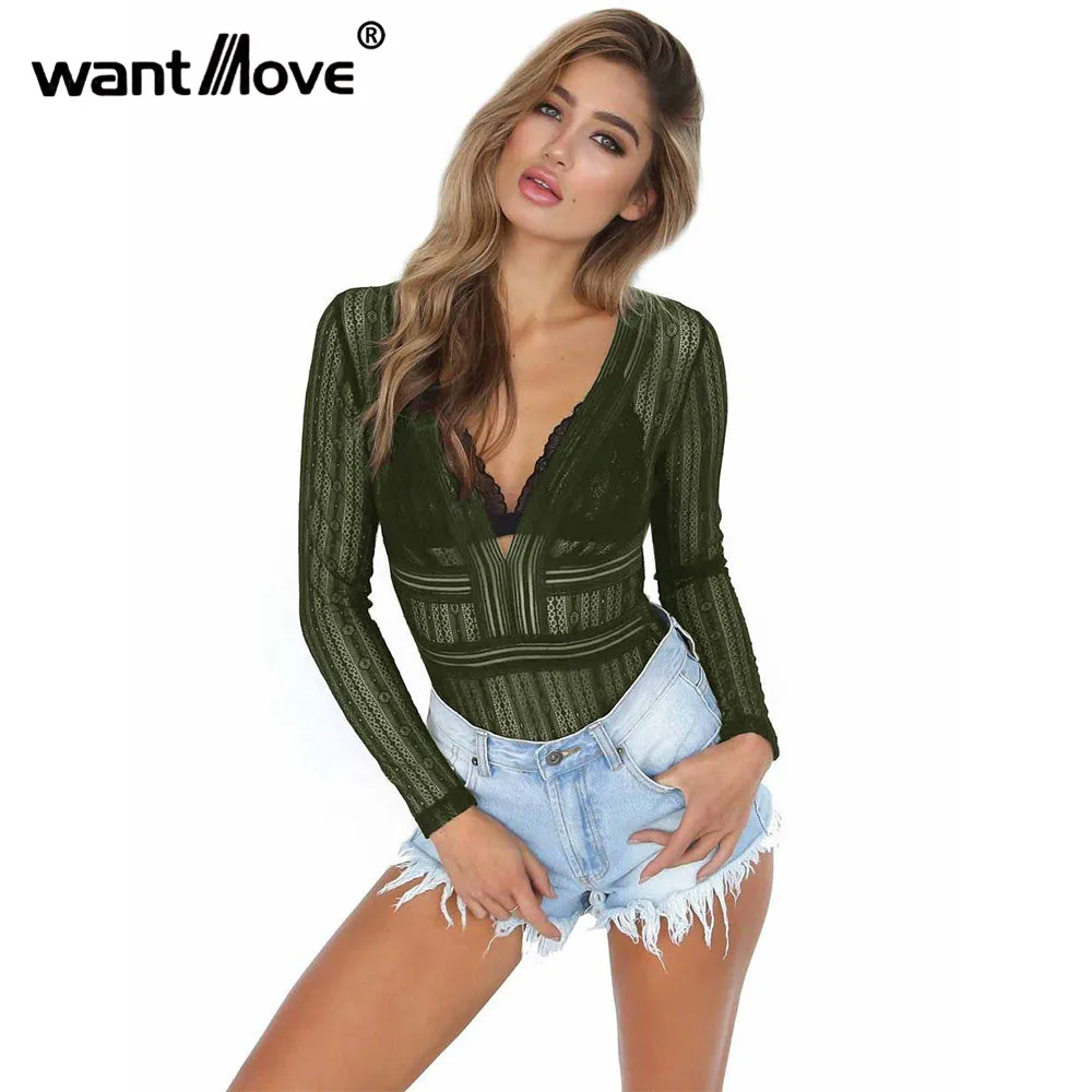 

Wantmove 2018 spring new sexy jumpsuit lace jumpsuit backless long sleeve deep V-neck shirt women's clothing WM363