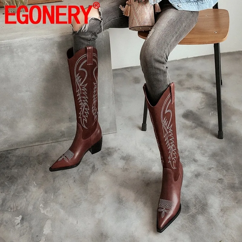 

EGONERY Woman Shoes 2019 Autumn New Fashion Sexy Pointed Toe Handmade Genuine Leather Knee High Boots Outside High Heels Shoes