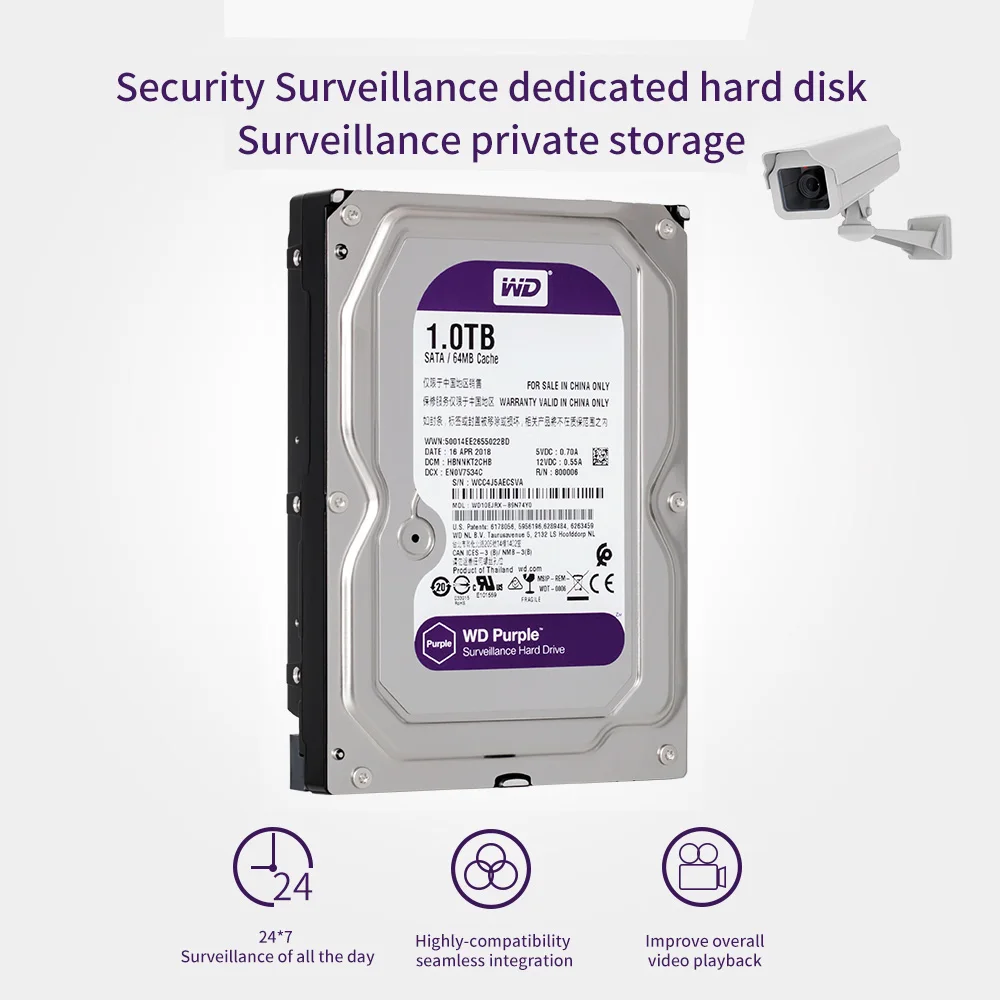 Оригинальный WD фиолетовый HDD для наблюдения 1 ТБ 3 5 &quot5400 об/мин SATA 6 ГБ/сек. 64 Мб