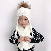 2 pieces set baby winter hat scarf set real fur pompom hat for kids children crochet wool beanie boy girl earflap cap skullies
