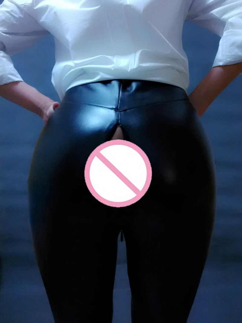 Сексуальные узкие брюки из искусственной кожи на молнии с открытым шаговым швом