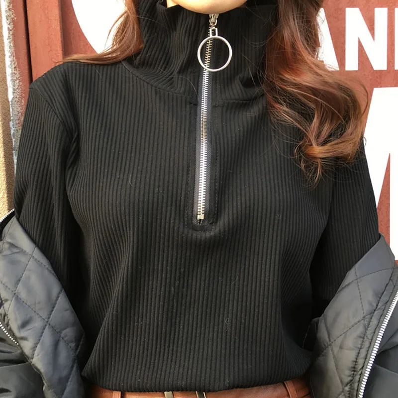 Autumn Winter Women Zipper Sweaters Causal Turtleneck Long Sleeve Knitted Bottom Pullovers Red Black women clothing | Женская одежда