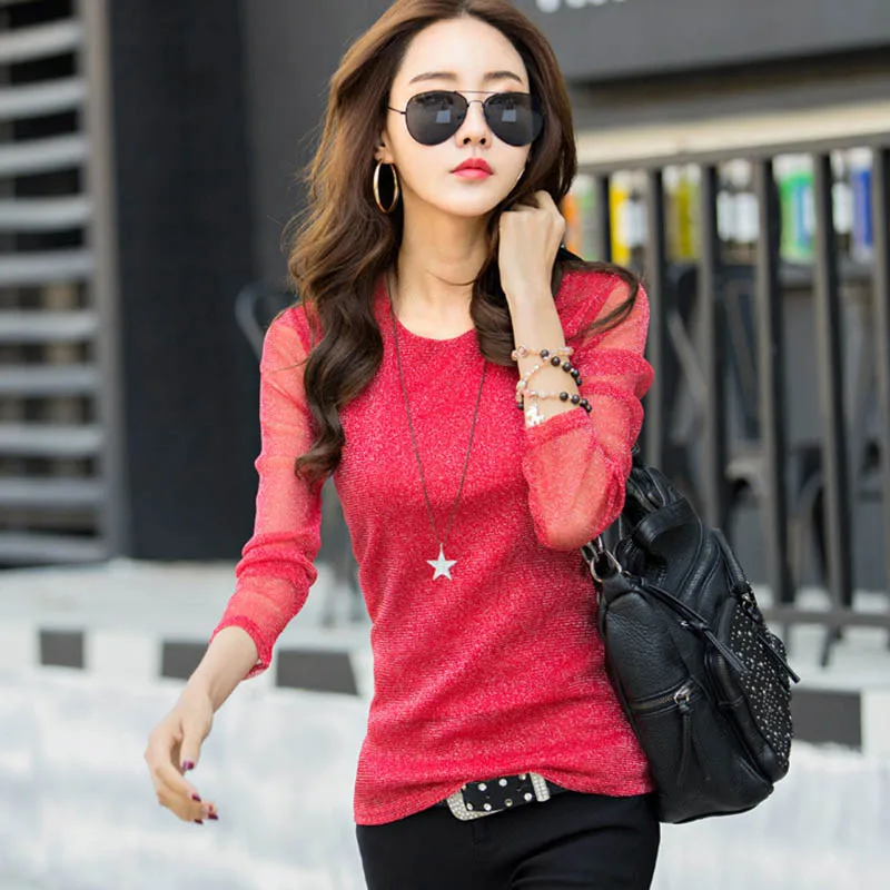 Женская тонкая футболка с круглым вырезом и длинными рукавами золотистого