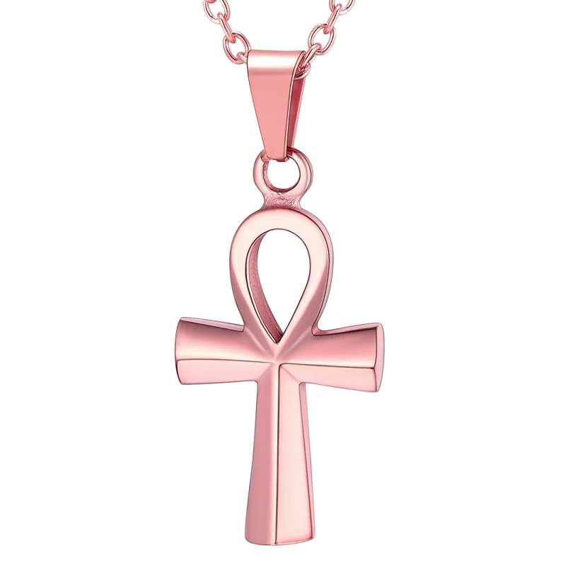 Rose Gold Color U7 маленький Египетский Анкх ожерелья с распятием и кулонами золотой цвет нержавеющая сталь крест ожерелье для мужчин хип хоп ювелирные изделия P1230 - Окраска металла: Rose Gold Color