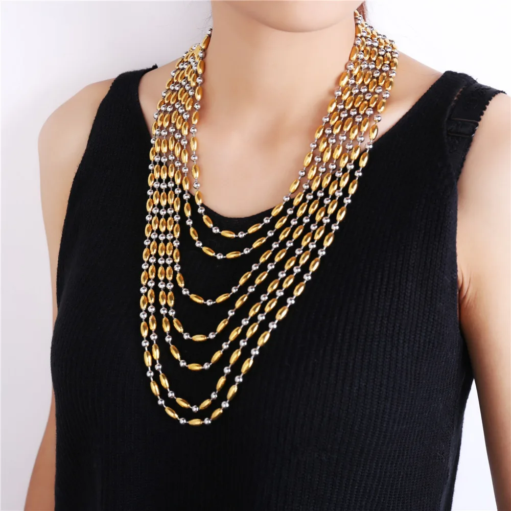 U7 Комбинированный Нержавеющая Сталь Рисовые Бусина Цепочки На Шею Ожерелье 5 мм