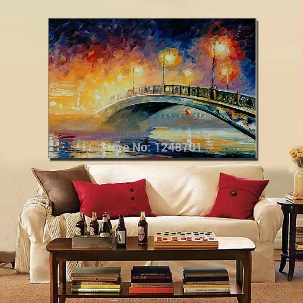 Ручная роспись Палитры Ножи Impasto мост ночника пейзаж маслом холст стены картину