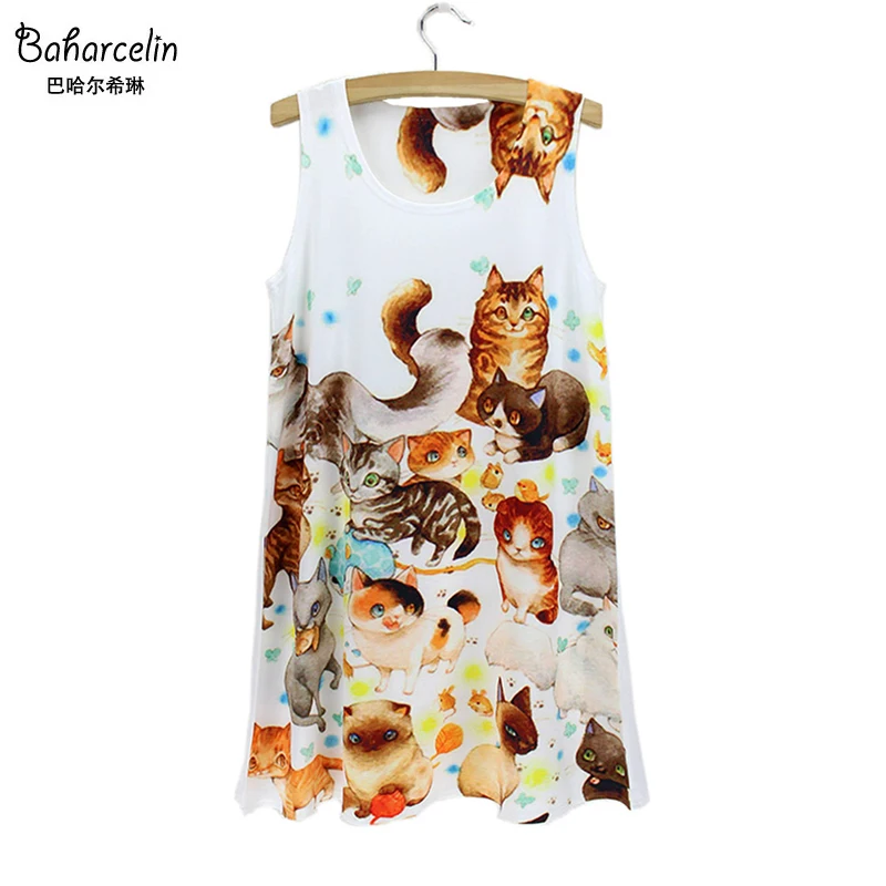 Baharcelin платье новое модное летнее милое без рукавов с принтом кота повседневное