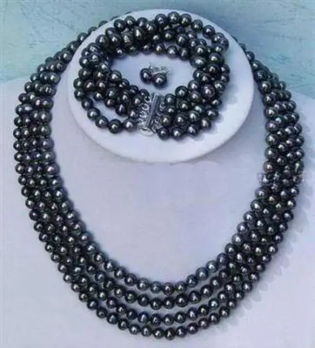 shipping Noblest 4rows 6-7mm black pearl necklace bracelet earring sets hot | Украшения и аксессуары