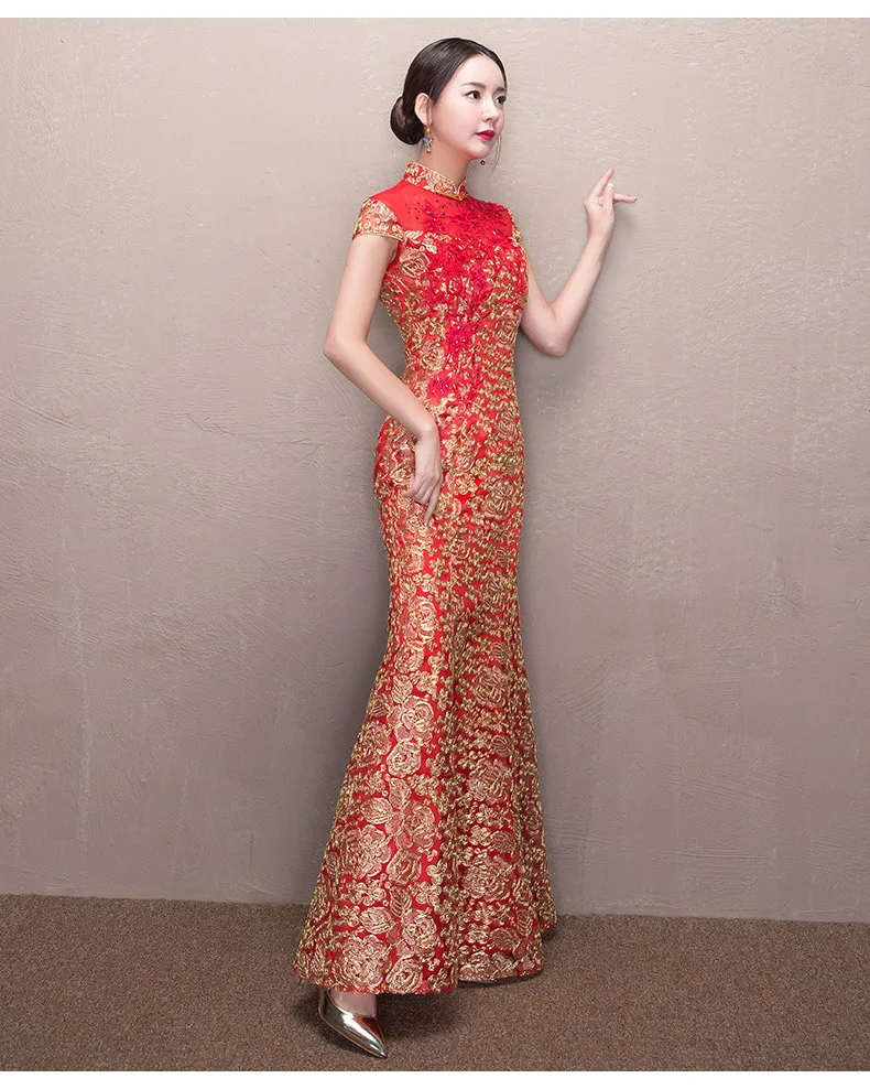 Красное свадебное платье русалки кружева цветок невесты Qipao традиционные китайские платья Длинные винтажные Cheongsam современные женские