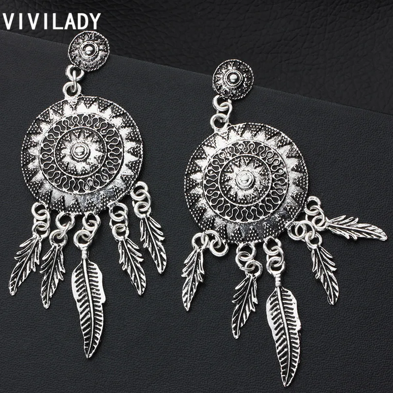 Vivilady Модный Boho Ретро серебристого цвета с длинной бахромой перо листьев солнце