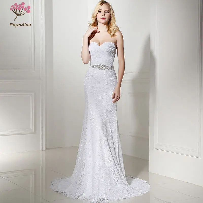 

Popodion Lace Strapless Mariage Wedding Gown White Mermaid Wedding Dress Plus Size Bride Dress vestido De noiva WED90388