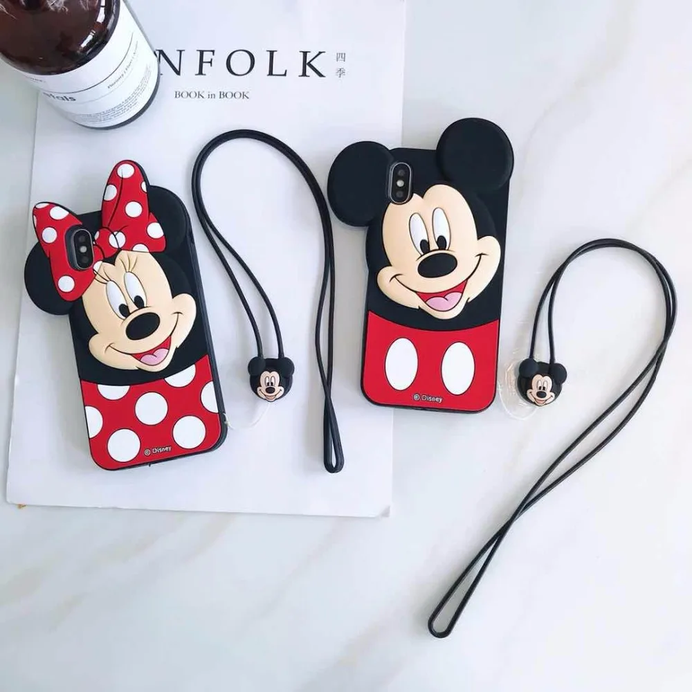 HAIANGUO Cute 3D Cartoon Minnie Mickey Mouse Soft Silicone Case For iPhone 6 6s 6S Plus 7 8 5s X Back Cover with Lanyard |