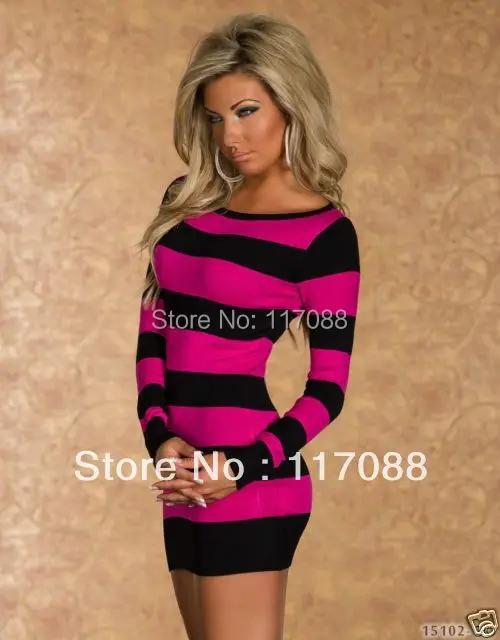 Free Shipping 2015 Newly Arrival ML17900 Sexy Long Sleeve Hot Colored Strips Dress Black and Rose Mini dress | Женская одежда