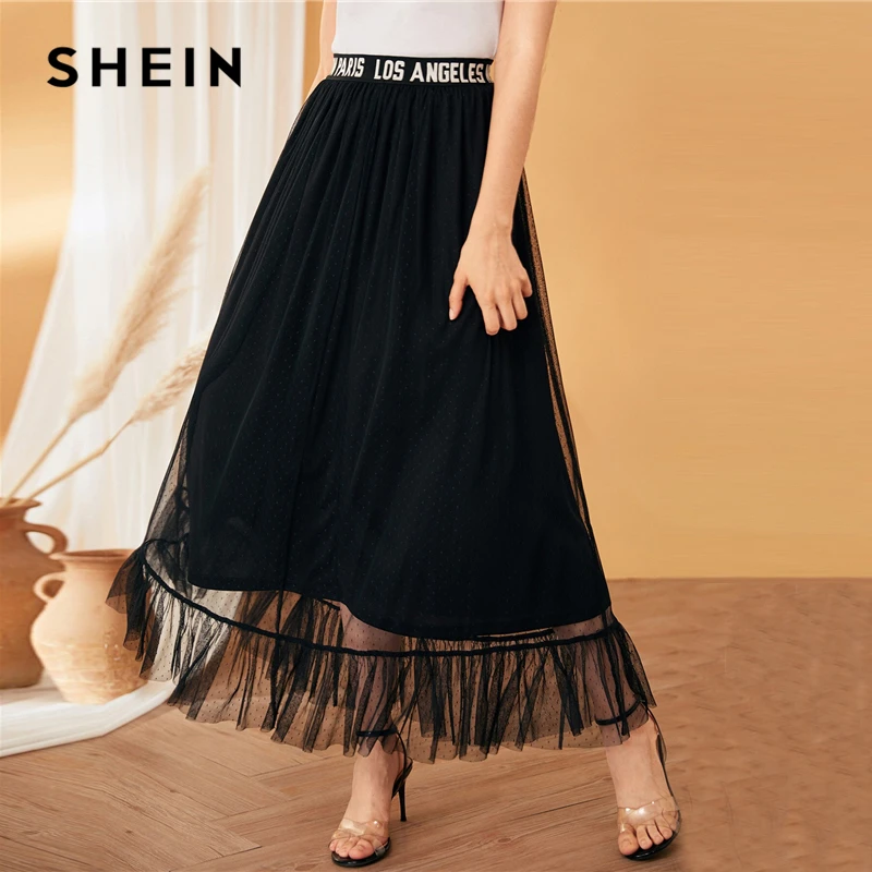 SHEIN черная повседневная юбка с буквенным принтом и лентой на талии, сетчатая юбка с оборками, женская летняя Осенняя однотонная длинная юбка трапециевидной формы с высокой талией