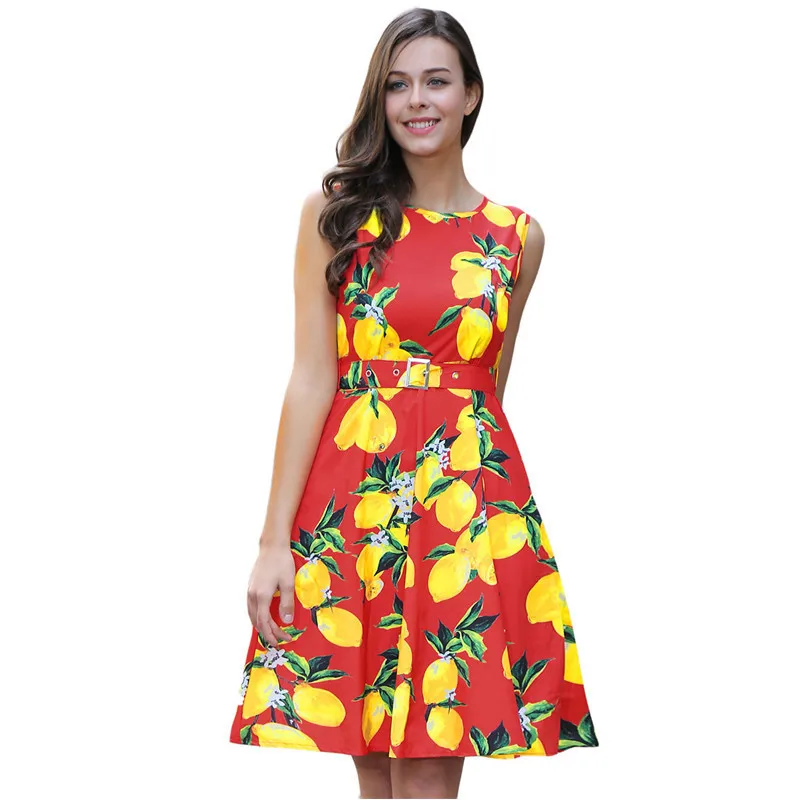 Ruiyige Для женщин Цветочный Винтаж Платье с принтом лимона 1950 S Sleeveles мини платье