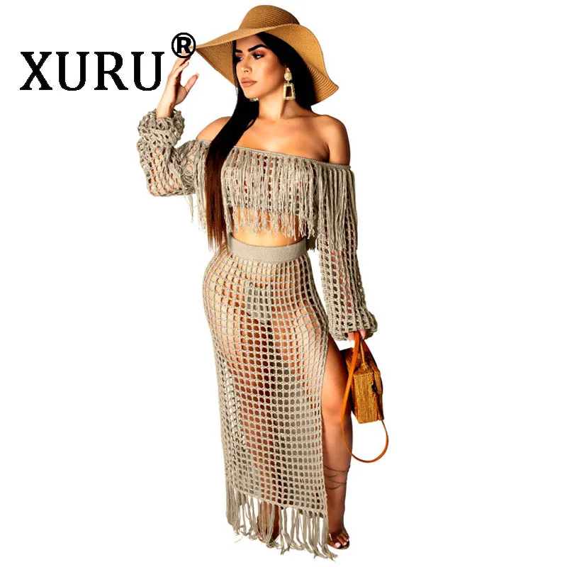 

XURU summer new women's sexy fringed dress two-piece bohemian holiday beach dress hollow bag hip dress