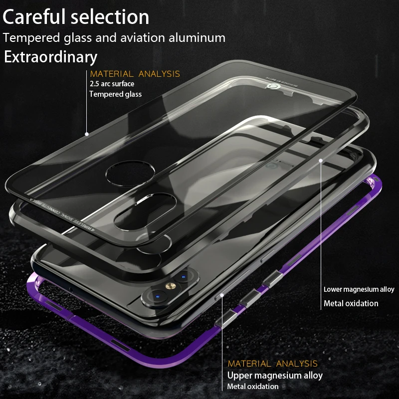 Магнитный адсорбционный чехол для Xiaomi Mi8 прозрачное закаленное стекло +