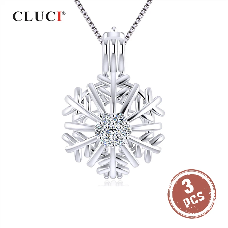 

CLUCI 3pcs 925 Sterling Silver Winter Snowflake Women Pendant Zircon Pearl Cage Christmas Gift Wish Pearl Locket Pendant SC345SB