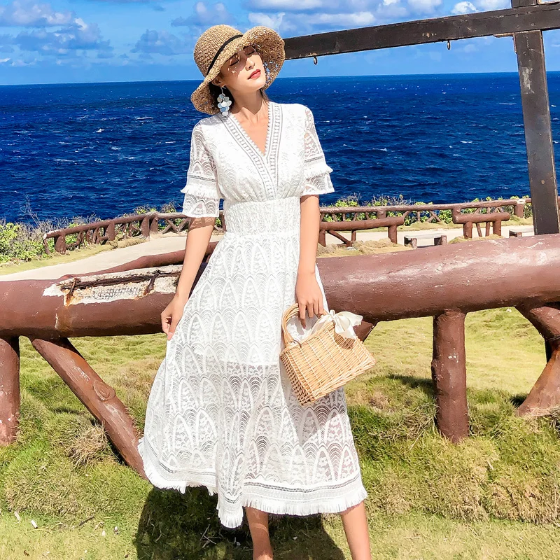 

Sexy Elegant Party Hollow Out Lace Loose Beach Casual Dress Women Summer Deep V Neck Fashion Dress