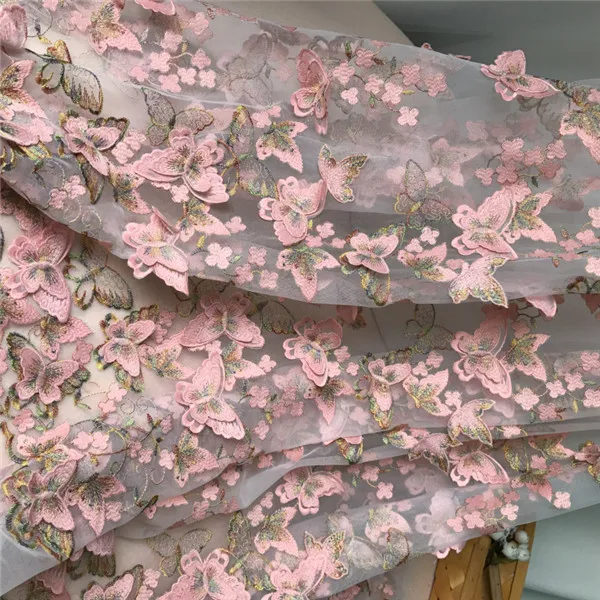 PINK 1 ярд Изысканная 3D кружевная вышивка бабочки ткань розовая золотая нить свадебное платье свадебные ткани тюль ткань DIY платье материал - Цвет: PINK