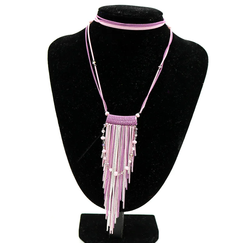Этническая Длинная цепочка под свитер ожерелье Кристалл бисер кисточка ожерелья