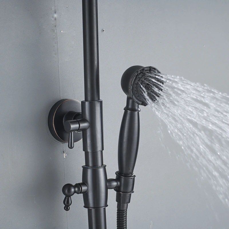 Bathroom Rainfall Shower Mixer Faucet Dual Handle Bath Shower Set Black Brass 8" Showerhead Shower Faucet System with Handshower