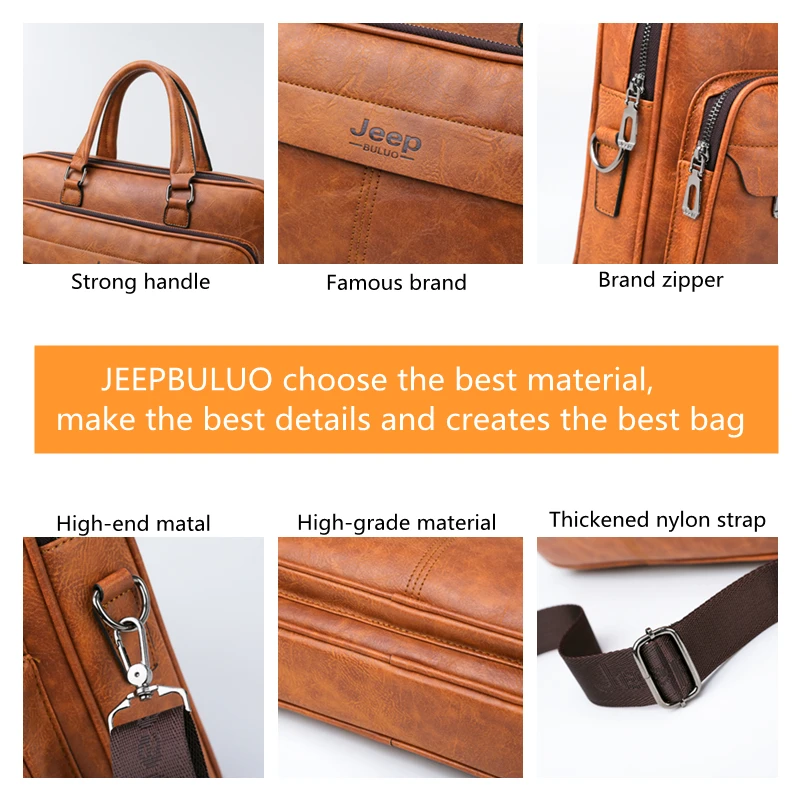JEEP BULUO Famous Brand High Quality Business Leather Shoulder Messenger Bags Men's Briefcase Bag Travel Handbag 14 inch Laptop