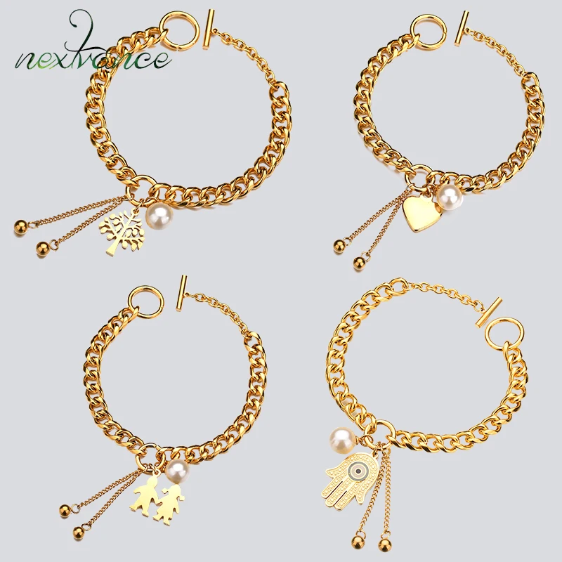 

Nextvance Simulated Pearl Tree of Life Heart Pendant Bracelet Boy Girl Hand of Fatima Stainless Steel Bracelets for Women Kids